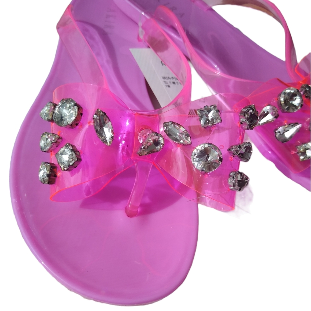 New! Pink Jelly Rhinestone Gem Crystal Bow Bling Flip-flops Flat Sandal - Picture 9 of 12